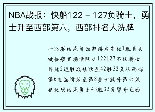 NBA战报：快船122 - 127负骑士，勇士升至西部第六，西部排名大洗牌